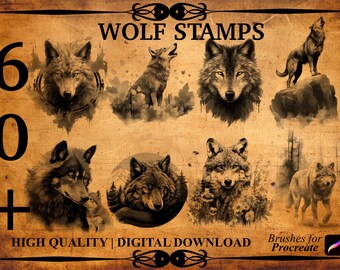 Puede incluir: Más de 60 sellos de lobo de alta calidad para Procreate. Los sellos presentan varias ilustraciones de lobos en blanco y negro, algunas con un efecto de acuarela. Los sellos son perfectos para agregar un toque de naturaleza salvaje a tu arte digital.