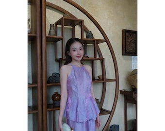 Embroidered Vietnamese Silk Ao Dai Ba Ba Set : Traditional Outfit green
