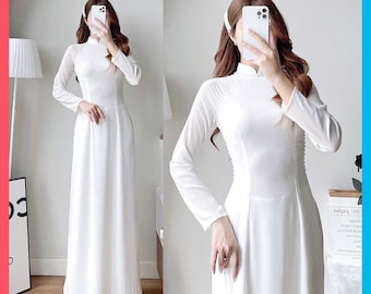 White Ao Dai Vietnamese Lua My Silk Long Dress With Matching Pants G80 