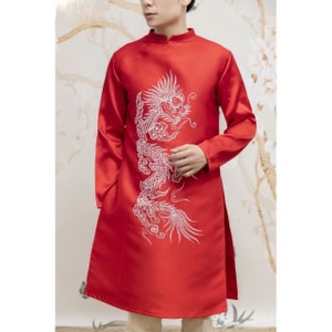 Red Ao Dai for Men: Vietnamese Wedding Attire with Dragon Design