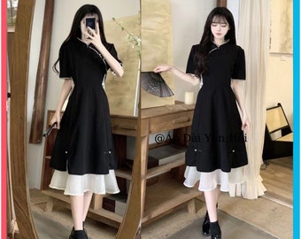 Ao dai cach tan, vintage Harajuku Black Ao Dai Vietnam Solid Pants Two Piece Set Broderie, Style chinois Femmes Slim Casual, Ao Dai Vietnam