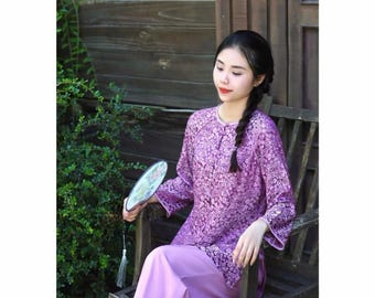 Embroidered Vietnamese Áo dài bà ba Set: Traditional Silk Outfit puprle ,ao dai di chua