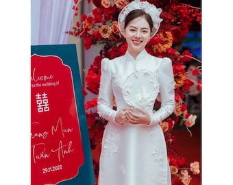 Pré fait vietnamien ao dai cuoi pour le mariage (áo dài cô dâu cao cap) robe pour mariage, robe pour femme, robe blanche, mariage ao dai