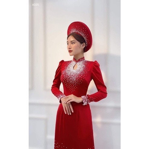 Beautiful Traditional Vietnamese Wedding Ao Dai in red with gold/red lace,  beadings & train - optional head piece - various styles