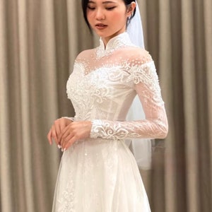 Pre made Vietnamese ao dai cuoi For Wedding (áo dài trangcô dâu ) Dress for Wedding , Dress for women,dress white,ao dai wedding