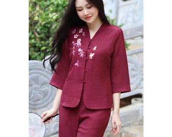 Embroidered Silk Ao Dai Ba Ba Set: Traditional Vietnamese Outfit