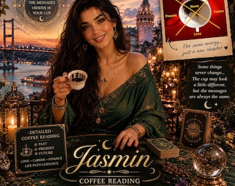 May include: A promotional graphic for Jasmin Coffee Reading featuring a person holding a white coffee cup. Text includes 'Discover the messages hidden in your cup', 'Detailed Coffee Reading', 'Past, Present, Future', 'Love, Career, Finance', and 'Jasmin'.