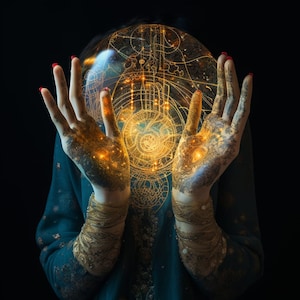 Pode incluir: Uma pessoa com desenhos de henna nas mãos segura uma bola de cristal com padrões dourados intrincados e desenhos em espiral dentro. O fundo é preto.