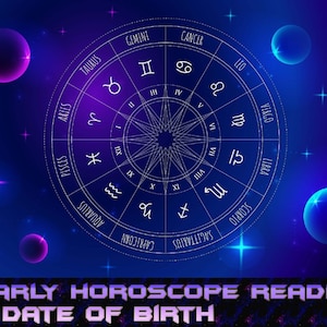 May include: A blue and purple zodiac wheel with white astrological symbols and a white star in the center. The wheel is surrounded by a dark blue background with white stars and three blue and purple planets.
