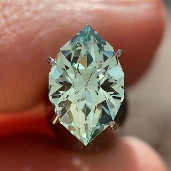 Made to order. ~2.5 ct Czochralski sapphire. Light mint green synthetic, marquise shape. ‘Mark 3’ design ~10 x 6.2 mm