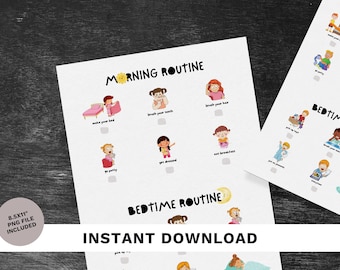 Tabla visual de rutinas infantiles / Lista de verificación para la mañana y la hora de dormir (Descarga digital)