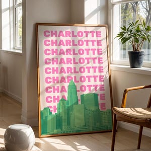 Charlotte NC Wall Art Print Digital Download North Caroline Decor Green Pink Charlotte Travel Poster Charlotte NC Skyline Printable Artwork