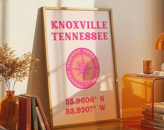 Knoxville Wall Art Print Digital Download Retro Tennessee Printable Poster Orange and Pink Knoxville TN Decor Preppy Tennessee Dorm Decor