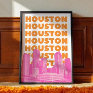 Houston Print Digital Download Texas Wall Art Orange Pink TX Travel Poster Houston City Skyline Preppy Dorm Decor Girly Printable Artwork