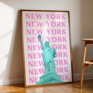 Rosa New York Wand Kunst Preppy NYC Reise Poster Girly Freiheitsstatue Druck Digitaler Download Trendy New York City niedlich druckbare Dekor