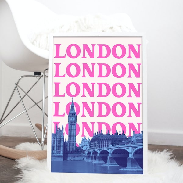 Impression d’affiche de Londres | Art mural de Londres | Rétro Londres Art Print | Londres Imprimer | Décor rose de Londres | 5 tailles d'impression | Téléchargement numérique instantané