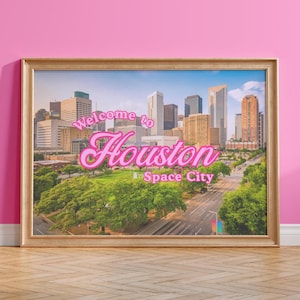 Impresión de arte de pared de Houston, decoración rosa de Texas para habitación de niña, póster de viaje retro de Houston, TX, descarga digital preppy de Houston, ciudad vintage imprimible