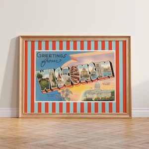 Wisconsin Druck Digitaler Download Vintage Wandkunst Horizontal Madison WI Wohnheim Dekor Retro Rot Blau Wisconsin Poster Horizontale druckbare Kunst