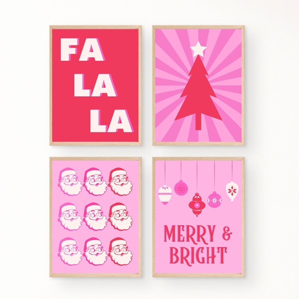 Pink Christmas Wall Art | Retro Christmas Prints | Pink Christmas Prints | Pink Christmas Print Bundle | 5 JPG Sizes | Instant Download