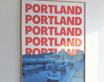 Impresión artística de Portland Maine, póster de viaje, decoración de pared de Portland ME en rojo y azul, impresión colorida del horizonte, obra de arte de Maine imprimible, descarga digital