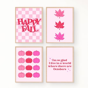 Decoración de pared de otoño rosa, descarga digital, impresiones retro vintage de otoño, paquete de cuatro impresiones, carteles de otoño lindos y preppy, obras de arte imprimibles