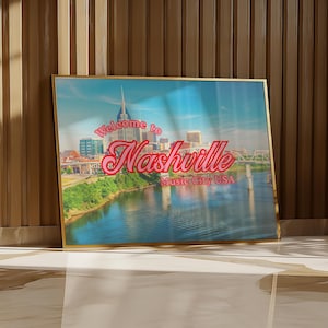 Nashville Print Digital Art Vintage Travel Poster Pink Tennessee Wall Decor Music City Skyline Retro Printable Artwork Trendy TN Wall Art