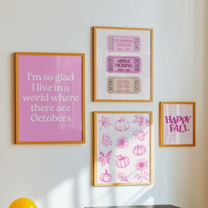 Pink Fall Decor Digital Download Autumn Wall Art Prints Girly Fall Bundle Set of Four Posters Retro October Quotes Preppy Pumpkin Printable