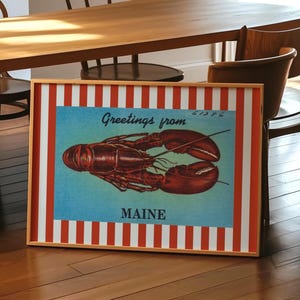 Maine Lobster Print Digital Download Vintage Blue Red Striped Maine Travel Poster Printable New England Artwork Coastal Portland ME Decor