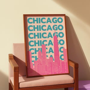 Chicago poster print digitale download roze en blauwe Chicago Wall Art Chicago Illinois skyline afdrukbare artwork Preppy Chicago Dorm Decor