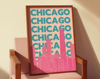 Chicago Skyline Print Retro Travel Poster Printable CHI Wall Art Pink & Blue Illinois Artwork Girly Dorm Decor (Digital Download)