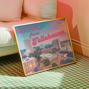Impresión digital de Tallahassee, arte de pared retro de Florida, póster rosa del horizonte de Tallahassee, FL, decoración de dormitorio femenino, viaje horizontal imprimible