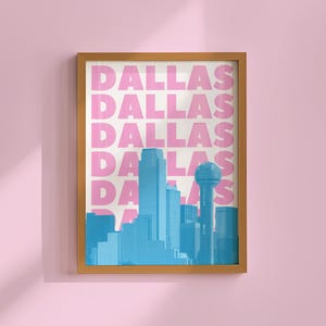 Dallas Print Texas Poster Pink & Blue Dallas Wall Art Downtown City Skyline Girly TX Printable Artwork Retro Dorm Decor (Digital Download)