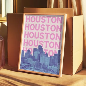 Houston Wall Art Print Digital Download Blue and Pink Skyline Poster Girly Houston TX Artwork Preppy Texas Dorm Decor Retro City Printable