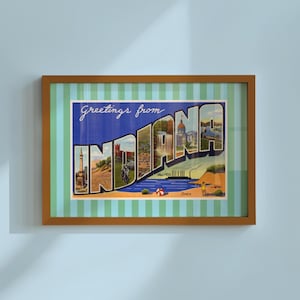 Retro Indiana Print Blue Indy Wall Art Vintage IN Postcard (Digital Download)