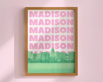 Madison Wisconsin Print Grön & Rosa WI Väggkonst Skyline Poster (Digital Nedladdning)