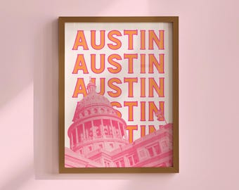 Pink Austin Texas Print Retro Travel Poster Girly Dorm Decor (Digital Download)