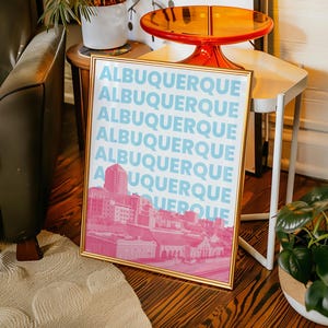 Albuquerque Wall Art Print New Mexico Travel Poster City Skyline Printable Decor Girly Blue and Pink Albuquerque NM Artwork Digital Download