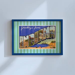 Impression d'art Indiana en téléchargement numérique vert bleu en affiche vintage horizontale Indy imprimable rétro rayé tendance dortoir déco carte postale oeuvre