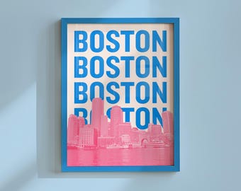 Impressão Pink Boston: Arte de parede de Massachusetts, pôster retrô de viagem com o horizonte da cidade, decoração feminina para dormitório (download digital)