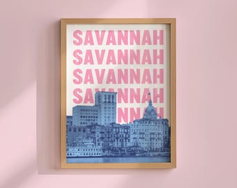 Downtown Savannah Georgia Print Retro Skyline Poster (Digital Download)