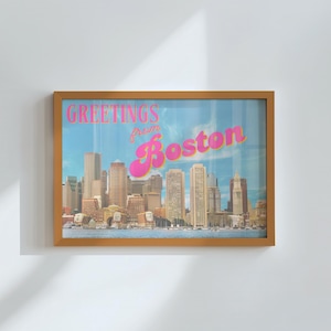 Póster de viaje de Boston, descarga digital, arte de pared retro de Boston, foto del horizonte de Boston, Massachusetts, decoración de dormitorio rosa, arte imprimible horizontal
