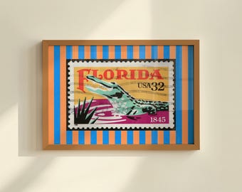 Retro Alligator Print Gainesville Florida Wall Art Blue and Orange FL Dorm Decor (Digital Download)