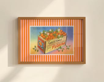 Florida Oranges Print Vintage Orange Pink Striped FL Wall Decor Girly Horizontal Sunshine State Poster Retro Trendy Artwork Digital Download