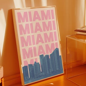 Miami Wall Art Print Digital Download Blue Pink Miami Florida Travel Poster Preppy Miami Dorm Decor Skyline Artwork Miami FL Printable Decor