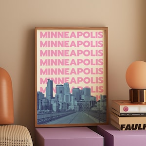 Minneapolis Print Digital Download Pink Blue Minnesota Travel Poster Minneapolis Skyline Printable Preppy Retro Dorm Decor Girly MN Artwork