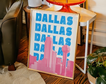 Dallas Wall Art Print Texas Digital Download Pink and Blue Dallas Wall Decor Dallas Skyline Print Dallas Travel Poster Dallas TX Printable