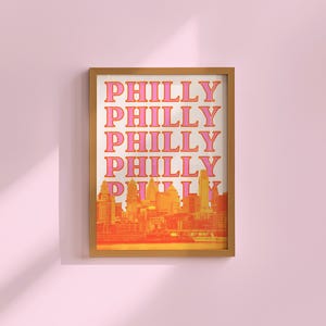 Philadelphia Print Digital Download Pennsylvania Wall Art Philly City Skyline Retro Travel Poster Orange and Pink PA Artwork Girly Printable