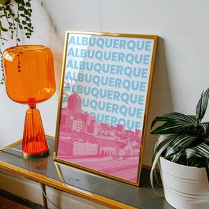 Albuquerque Wall Art Print Digital Download New Mexico Travel Poster City Skyline Printable Decor Girly Blue and Pink Albuquerque NM Artwork