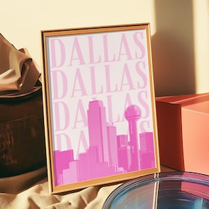 Dallas Print Digital Download Pink Texas Poster Retro City Skyline Girly Printable Dallas Wall Art Preppy TX Artwork Cute Trendy Dorm Decor