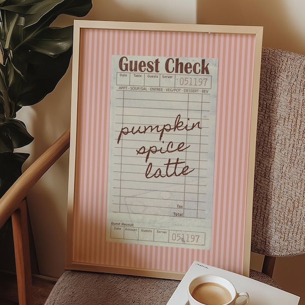 Pumpkin Spice Latte Print Fall Kitchen Wall Art Guest Check Poster Retro Autumn Coffee Bar Decor Pink PSL Printable Artwork Digital Download